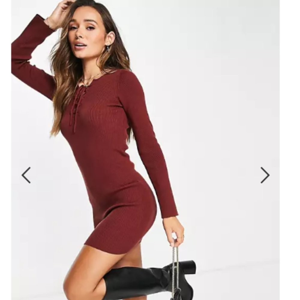 ASOS DESIGN Knitted Tight Mini Dress with Lace Up Detail in Maroon